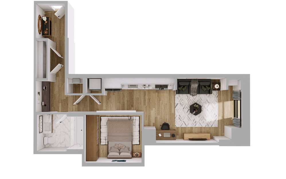 A3 - 1 bedroom floorplan layout with 1 bathroom and 597 - 601 square feet
