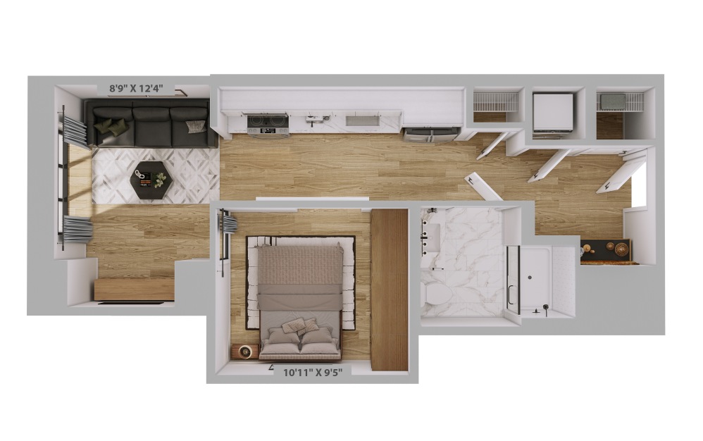 A5 - 1 bedroom floorplan layout with 1 bathroom and 594 - 595 square feet