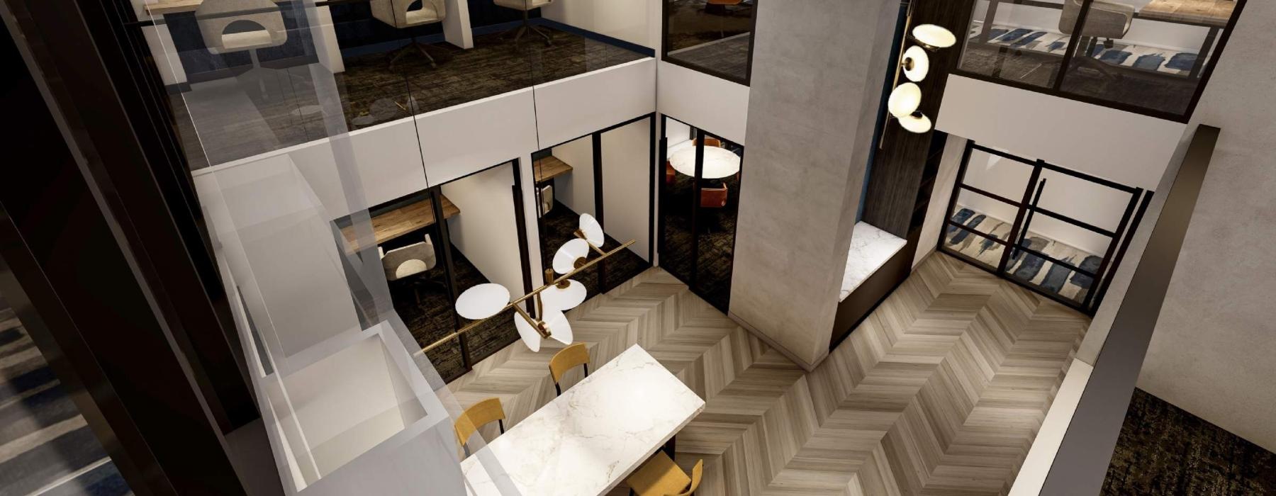 a room with a staircase and a table
